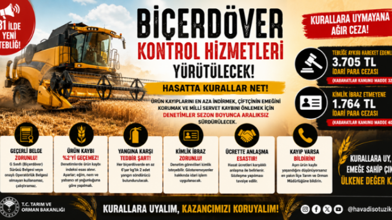 Biçerdöver Denetimlerinde Yeni Dönem: Hasatta Yüzde 2 Kayıp Sınırı ve Para Cezaları Devrede